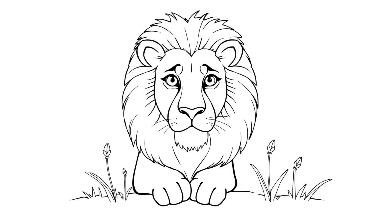 Dessin au trait d'un lion calme avec une crinière complète, prêt à être colorié.