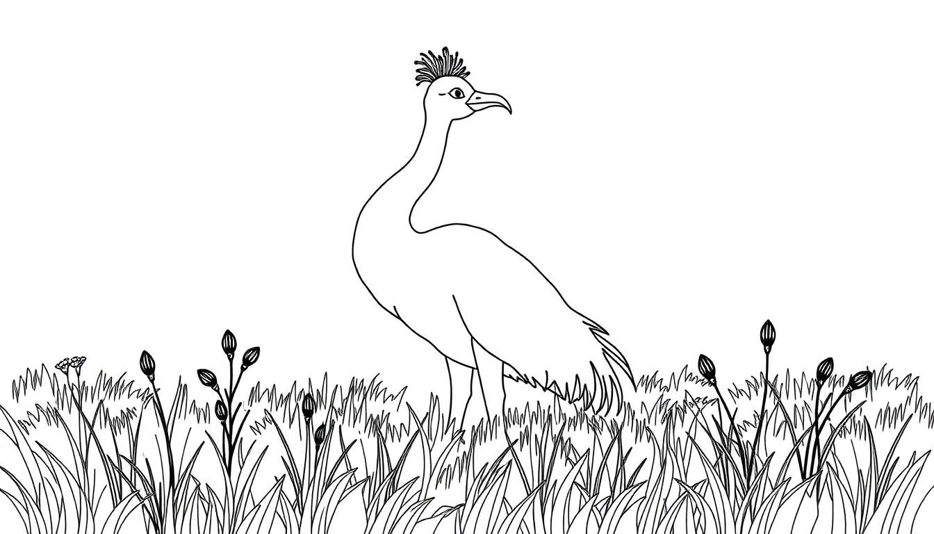 Dessin au trait d'un oiseau ressemblant à une grue dans un champ d'herbe, avec une crête sur la tête, prêt pour le color panel.