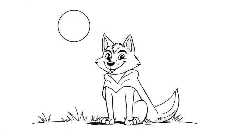 Un gentil loup-garou souriant avec une cape flottante sous la pleine lune, prêt pour le coloriage dans un color panel.