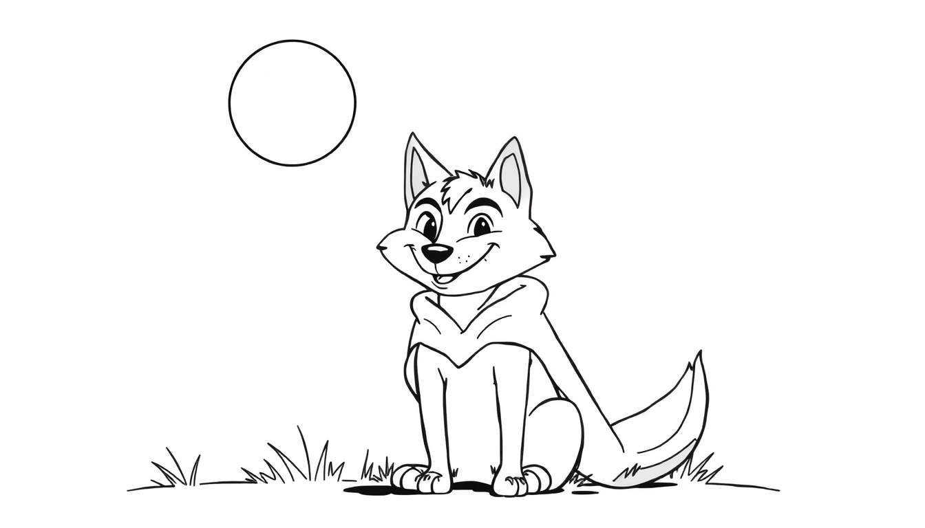 Un gentil loup-garou souriant avec une cape flottante sous la pleine lune, prêt pour le coloriage dans un color panel.