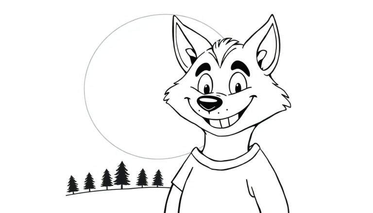 Un dessin au trait d'un loup souriant, prêt pour un color panel.
