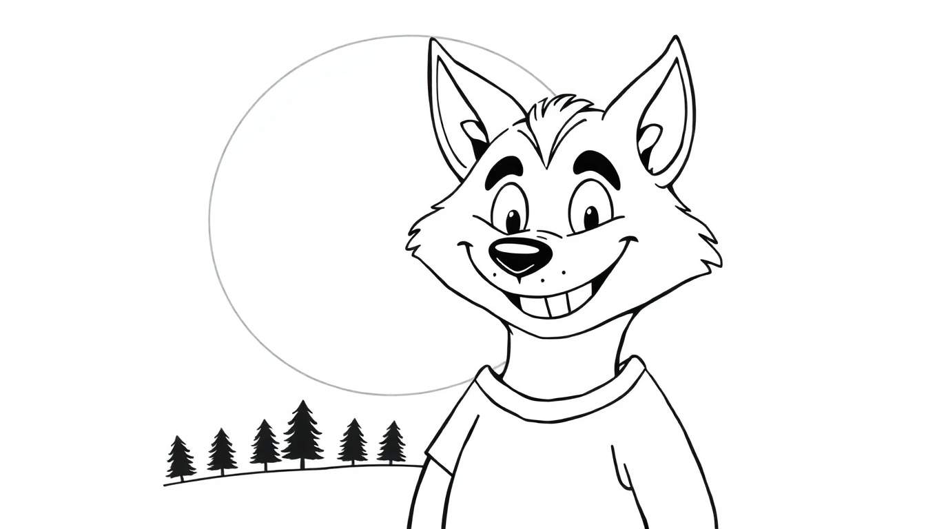 Un dessin au trait d'un loup souriant, prêt pour un color panel.
