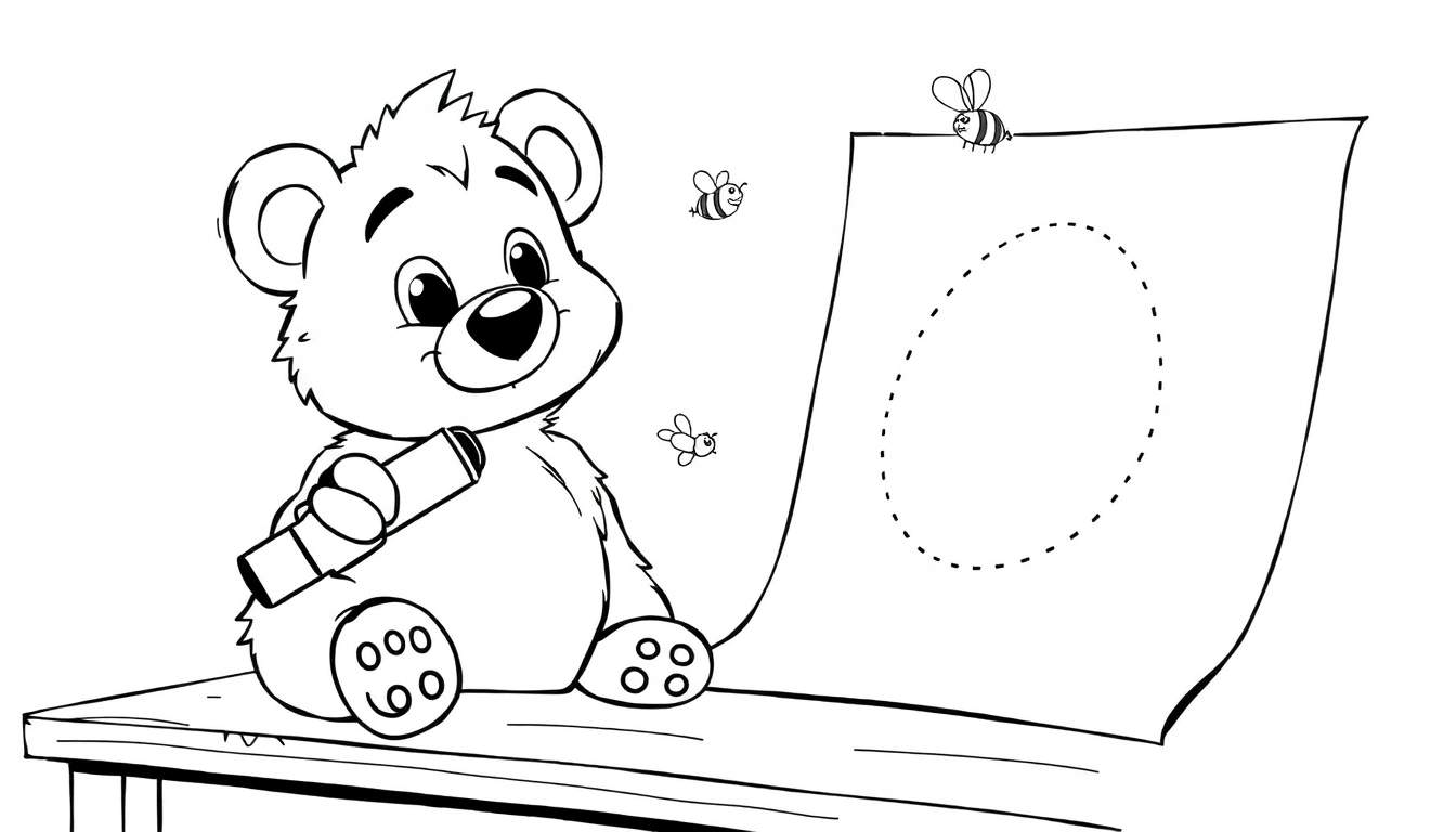Ours en peluche dessinant avec un crayon devant une feuille de papier avec des abeilles autour, sur une table en bois. Une image de color panel.