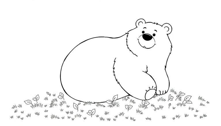 Ours brun souriant assis dans l'herbe avec un pansement sur le genou, prêt à être colorié sur un panneau de coloriage.