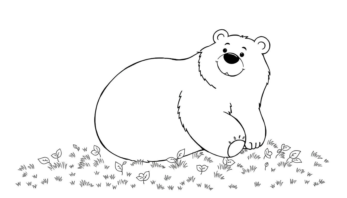 Ours brun souriant assis dans l'herbe avec un pansement sur le genou, prêt à être colorié sur un panneau de coloriage.