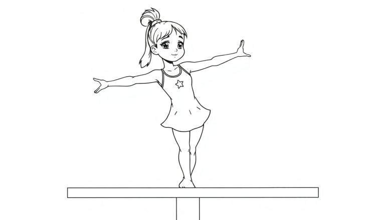 Une petite gymnaste concentrée sur une poutre d'équilibre, bras écartés pour maintenir son équilibre. Elle porte un justaucorps avec une étoile et ses cheveux sont en queue de cheval.