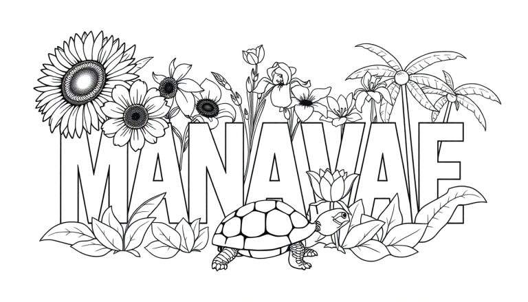 Illustration colorée du prénom MANAVAE avec des tournesols, des fleurs tropicales et une tortue, comme une planche de coloriage.