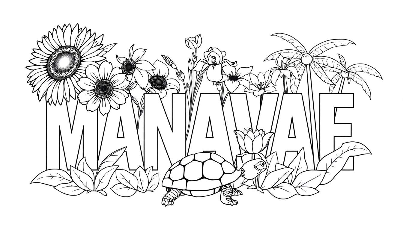 Illustration colorée du prénom MANAVAE avec des tournesols, des fleurs tropicales et une tortue, comme une planche de coloriage.