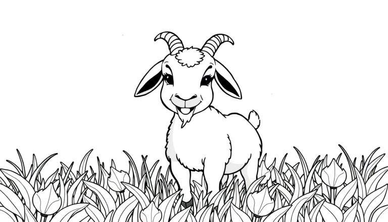 Une chèvre dessinée en noir et blanc sourit dans de l'herbe avec des fleurs.