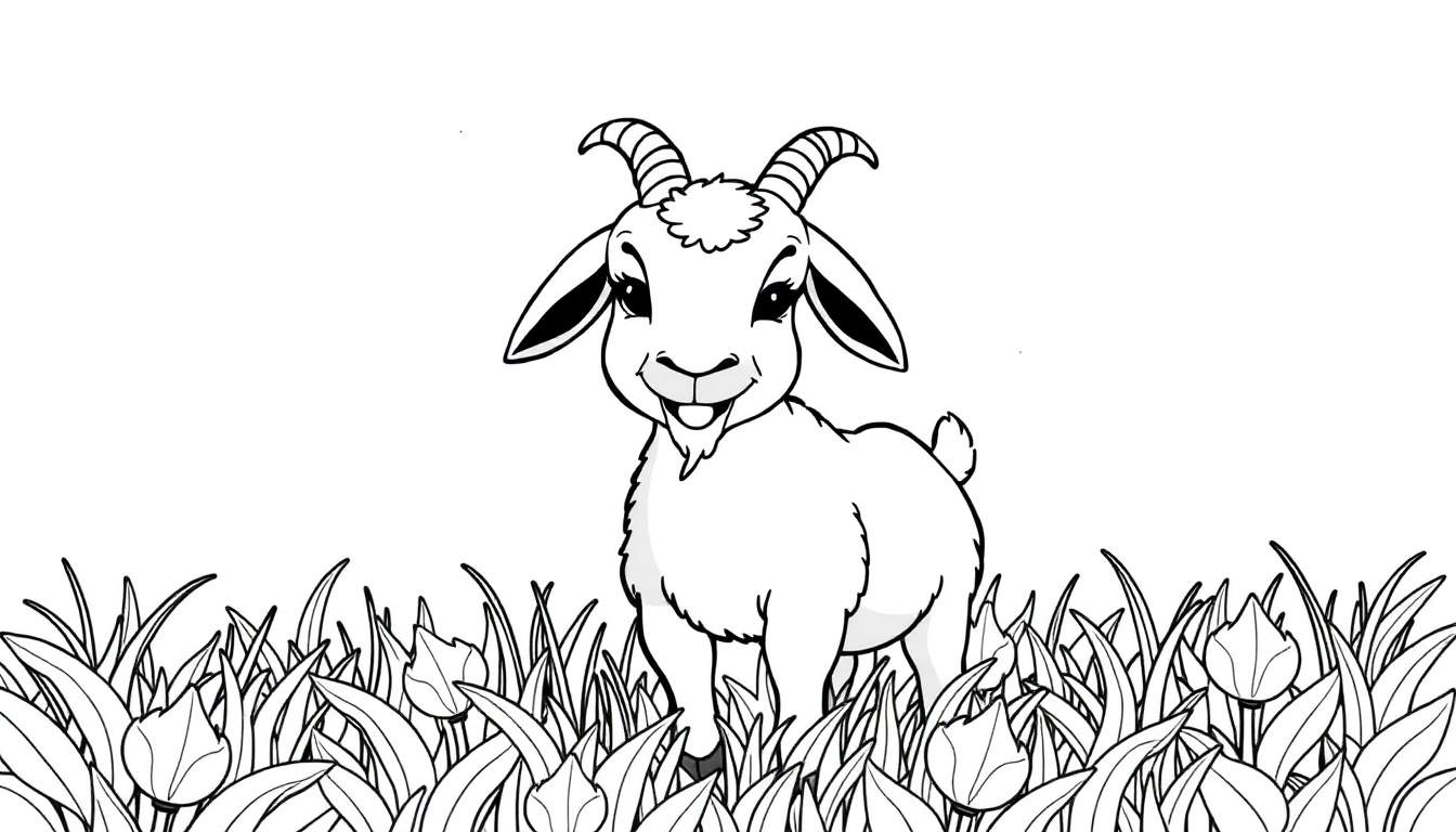 Une chèvre dessinée en noir et blanc sourit dans de l'herbe avec des fleurs.