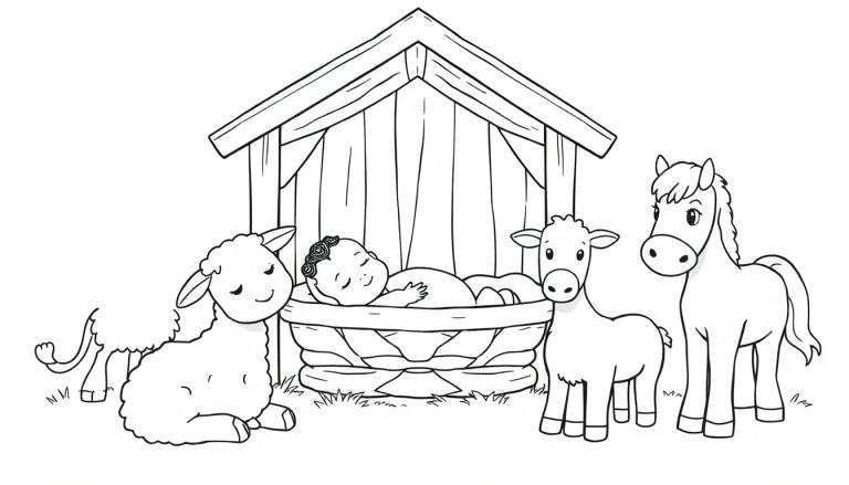 Image en noir et blanc d'une scène de crèche avec un bébé endormi, un mouton, un âne et un cheval, parfaite pour un color panel.