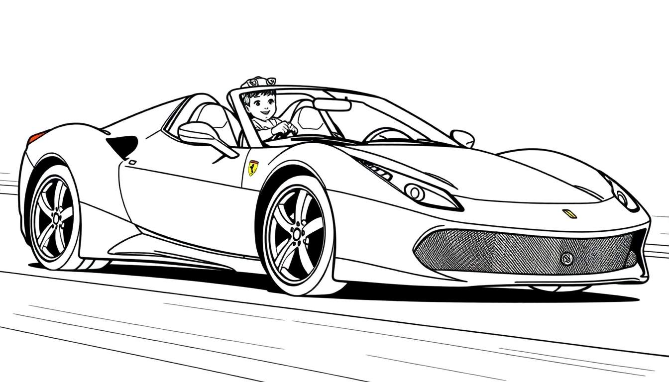 Un jeune garçon conduisant une Ferrari rouge dans un color panel.