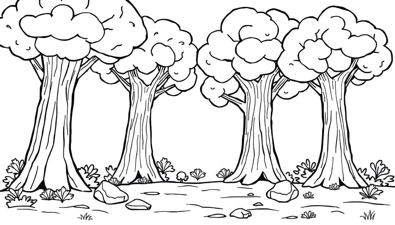 Un dessin en noir et blanc d'une forêt avec quatre arbres stylisés et des rochers au sol, prêt à être colorié.