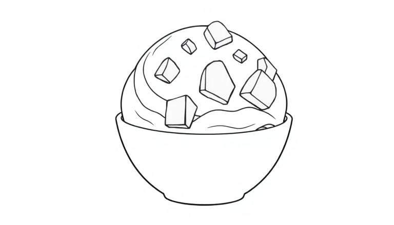 Dessin au trait d'une glace vanille avec pépites de chocolat dans un bol, prêt à être colorisé.