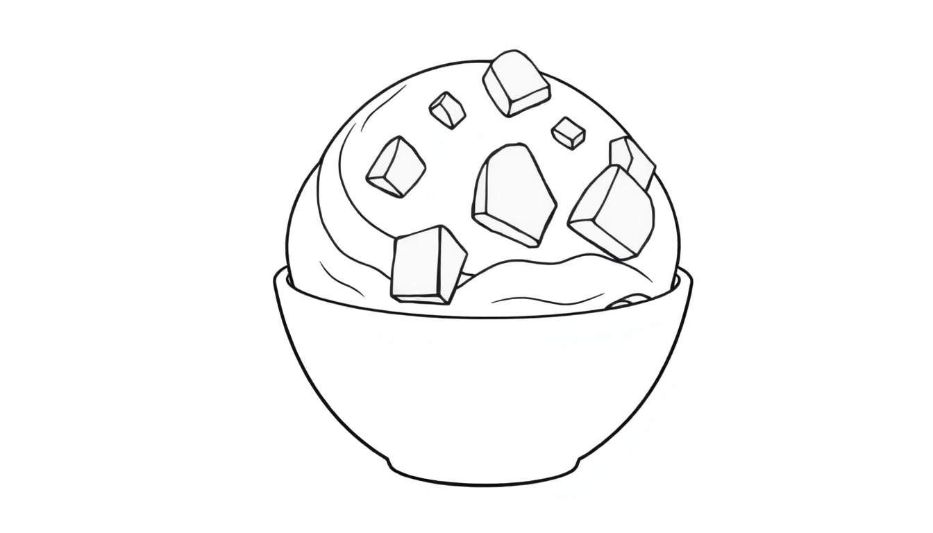 Dessin au trait d'une glace vanille avec pépites de chocolat dans un bol, prêt à être colorisé.