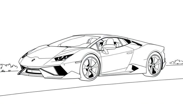 Dessin au trait d'une voiture de sport Lamborghini pour le coloriage, avec un color panel.