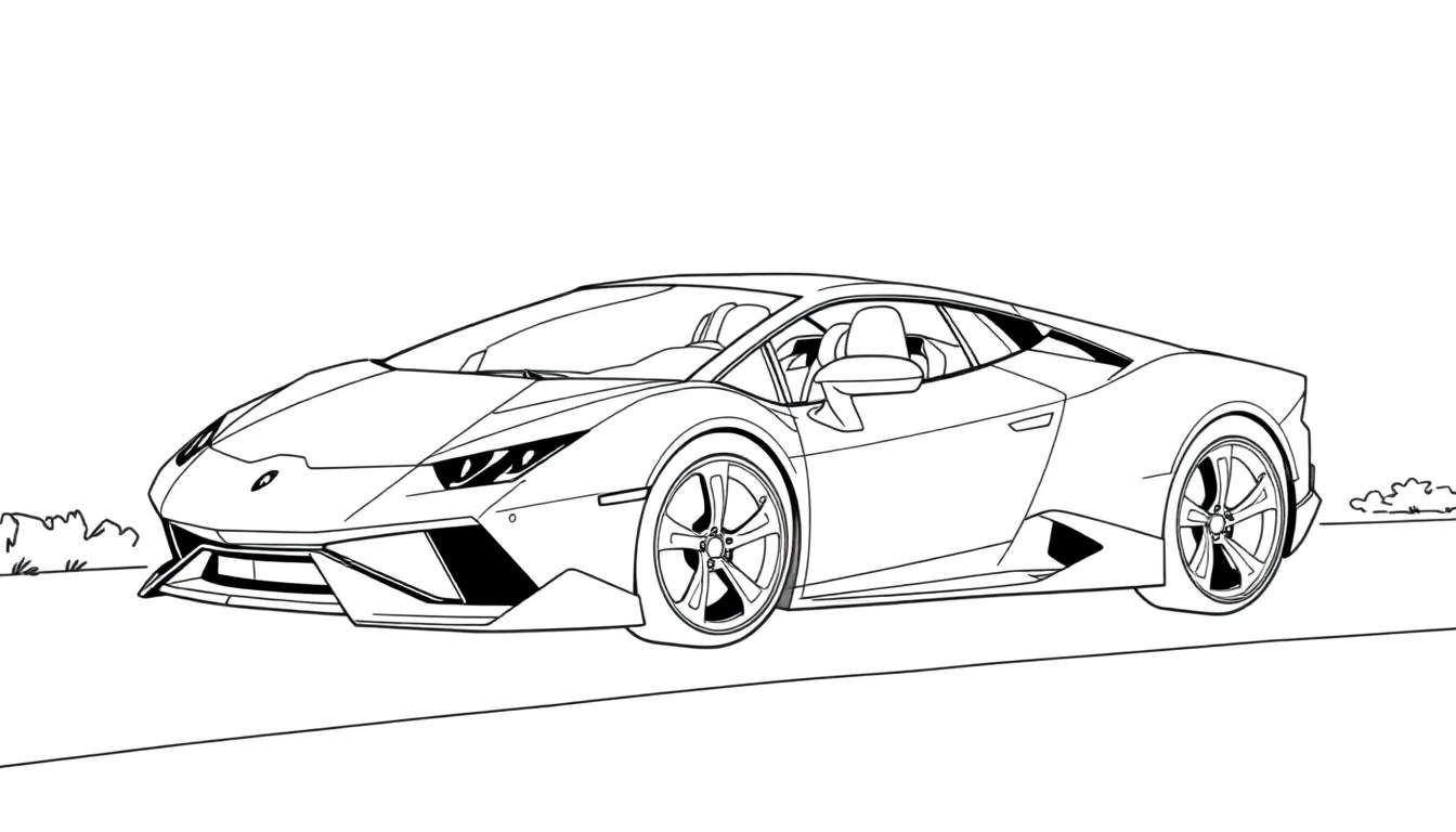 Dessin au trait d'une voiture de sport Lamborghini pour le coloriage, avec un color panel.