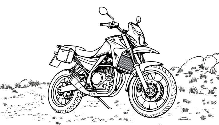 Illustration en noir et blanc d'une moto d'aventure sur un terrain accidenté, avec un panneau de couleur vierge.