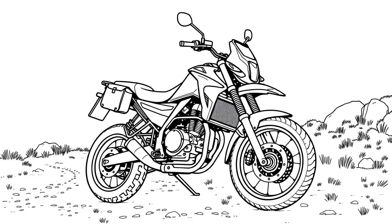 Illustration en noir et blanc d'une moto d'aventure sur un terrain accidenté, avec un panneau de couleur vierge.