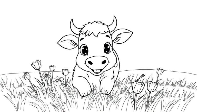 Une vache mignonne assise dans un champ fleuri, prête pour un color panel.
