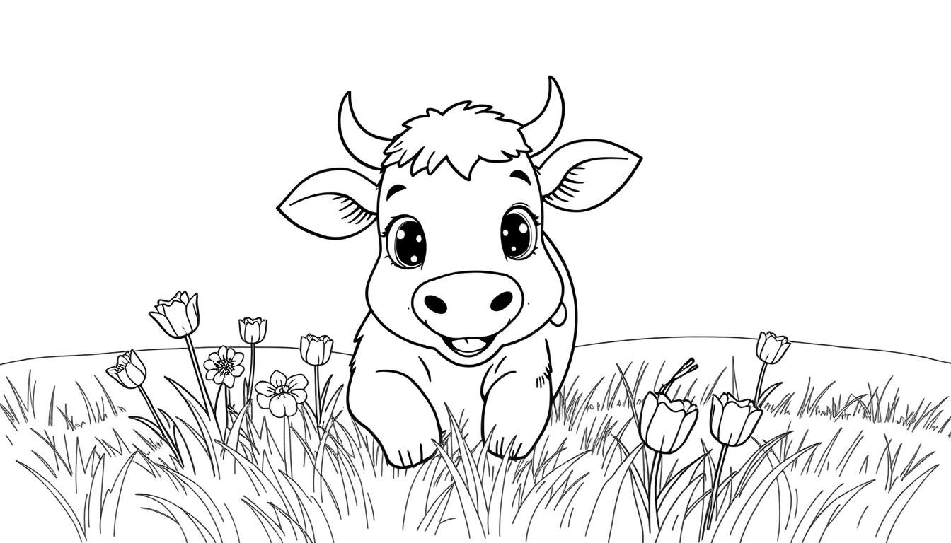 Une vache mignonne assise dans un champ fleuri, prête pour un color panel.