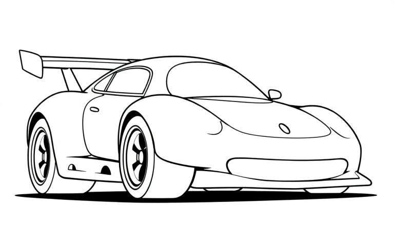 Voiture de course dessinée, prête pour une course, avec un grand aileron, à colorier.