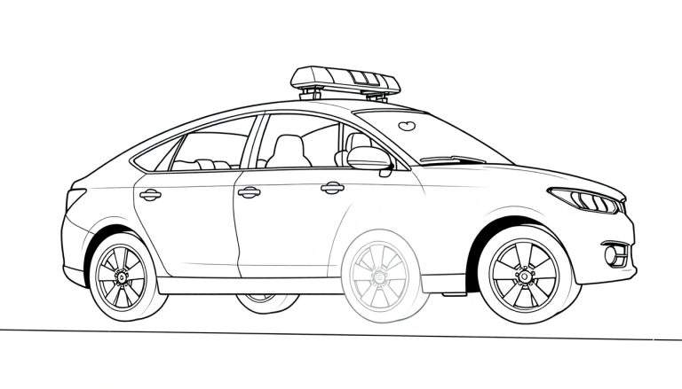 Dessin au trait d'une voiture de police avec barre lumineuse et roues détaillées, dans un style de coloriage.