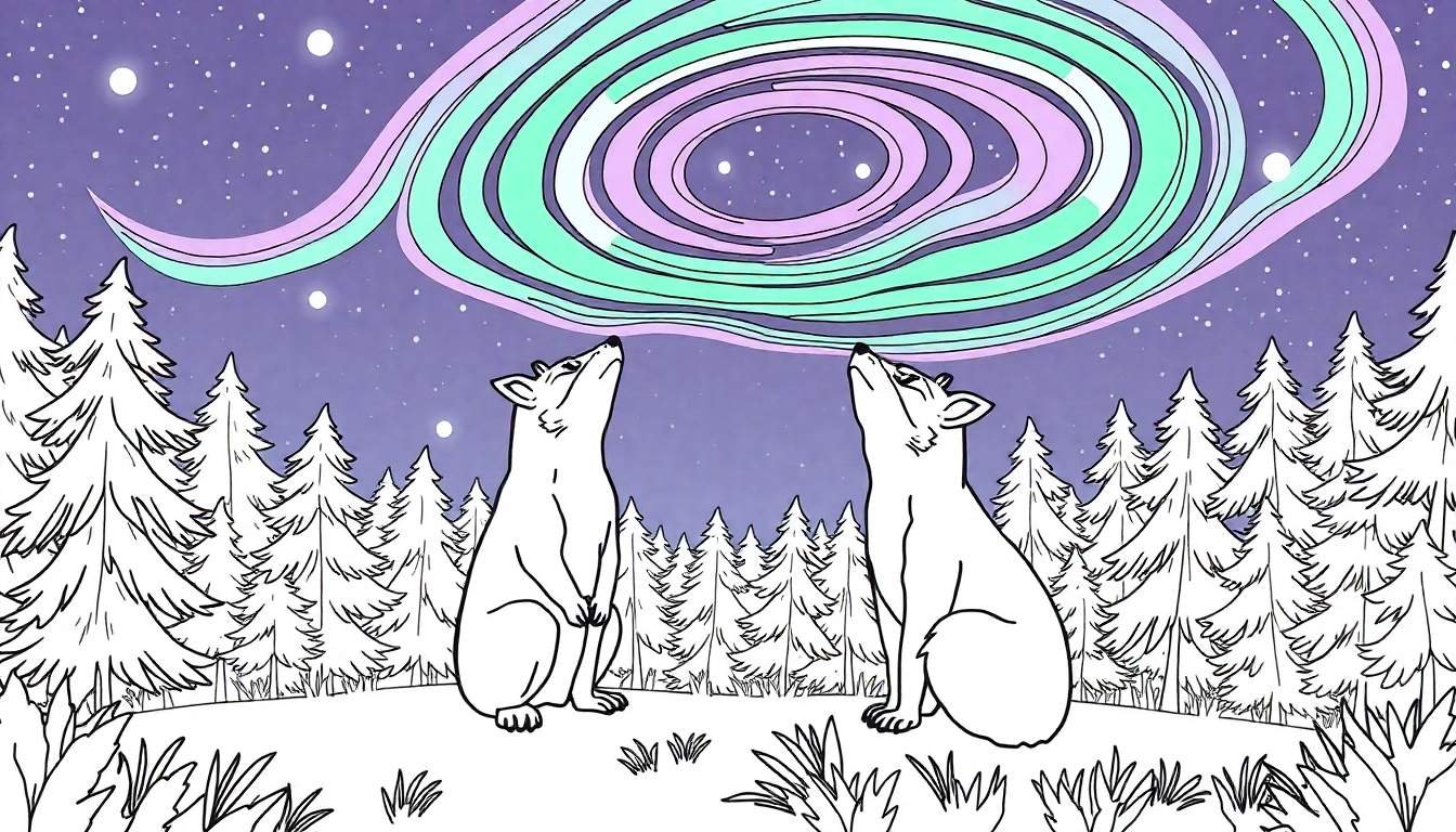 Deux loups blancs stylisés regardent le ciel avec une aurore boréale dans un paysage hivernal.