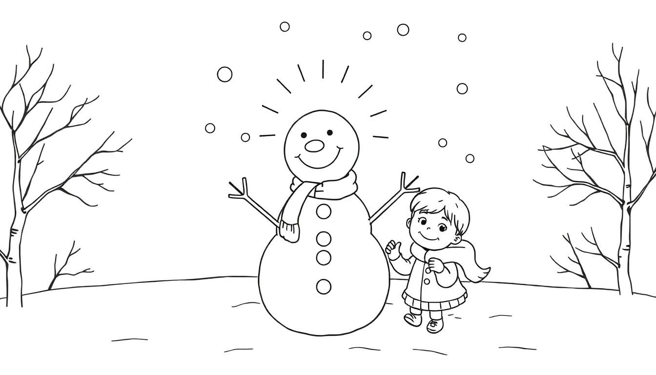 Un bonhomme de neige souriant avec un enfant jouent dans un paysage hivernal enneigé, prêt pour un color panel.