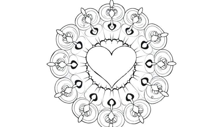 Un mandala noir et blanc avec un cœur au centre, prêt à être coloré.