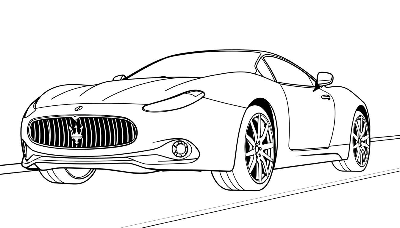 Dessin au trait d'une Maserati GranTurismo profilée, prête pour un color panel.