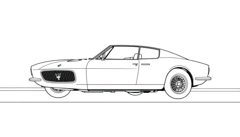 Dessin au trait d'une voiture de sport classique Maserati, prête à être colorée.
