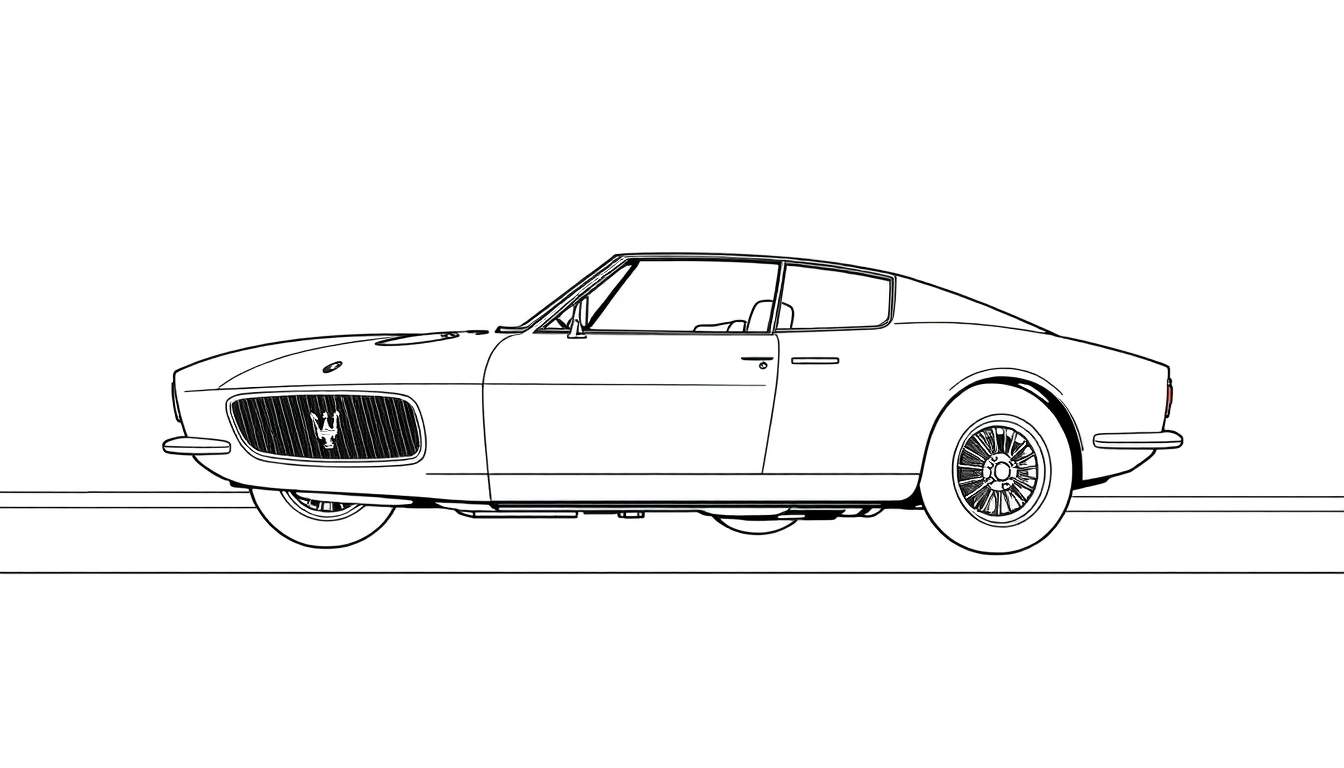 Dessin au trait d'une voiture de sport classique Maserati, prête à être colorée.