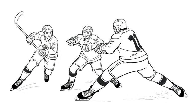 Dessin au trait de trois joueurs de hockey sur glace en pleine action, prêt pour un color panel.