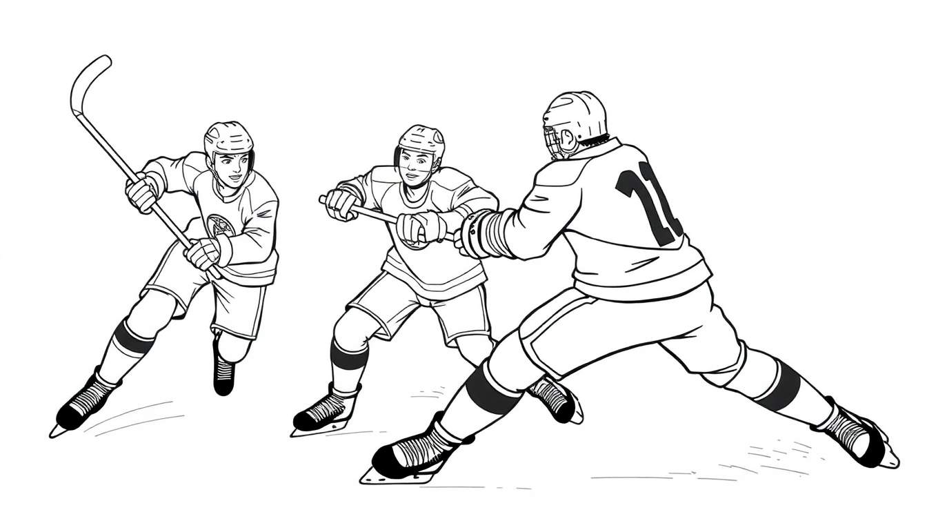 Dessin au trait de trois joueurs de hockey sur glace en pleine action, prêt pour un color panel.