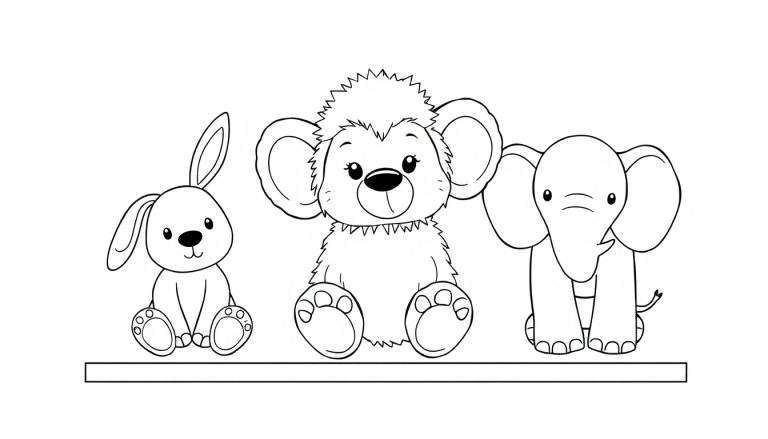 Trois animaux en peluche : un lapin, un singe et un éléphant, sur une étagère, un color panel.