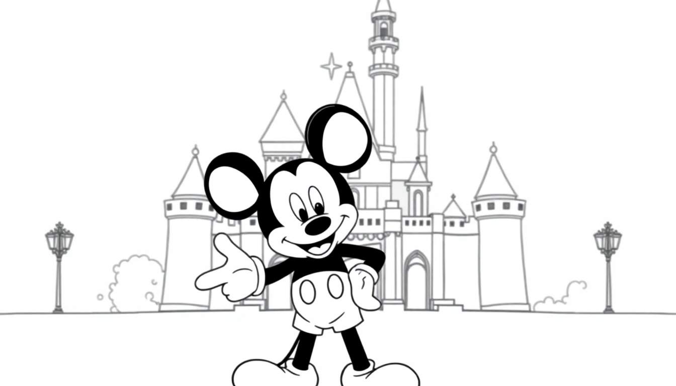 Mickey Mouse souriant devant le château de Disneyland, style dessin animé noir et blanc, porte des gants blancs et des chaussures jaunes.