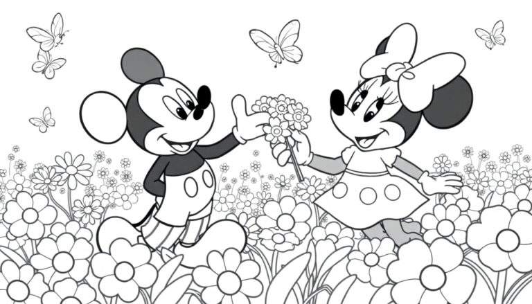 Mickey et Minnie Mouse dans un champ de fleurs coloré avec des papillons. Mickey offre des fleurs à Minnie. Style dessin au trait.