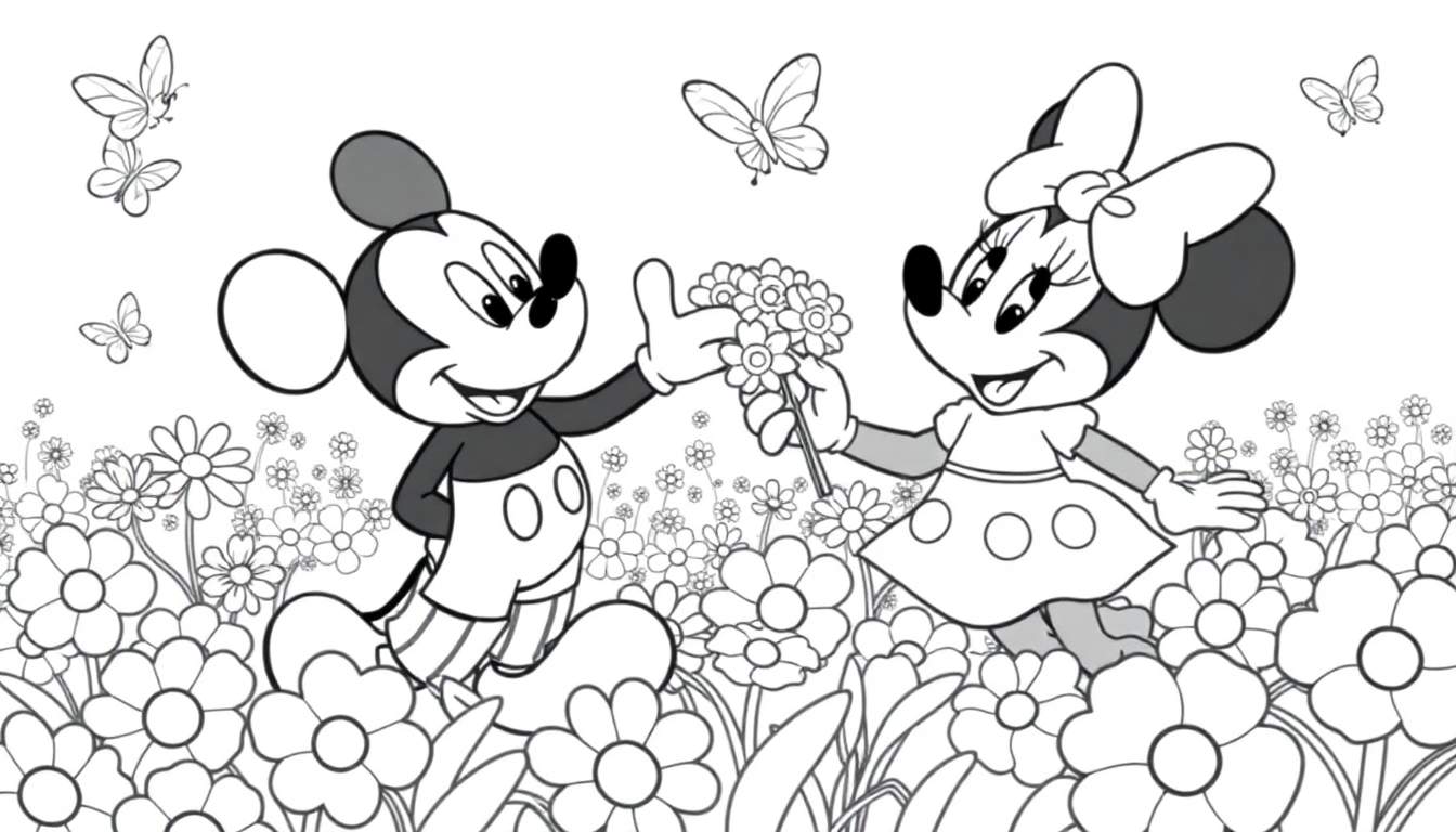 Mickey et Minnie Mouse dans un champ de fleurs coloré avec des papillons. Mickey offre des fleurs à Minnie. Style dessin au trait.