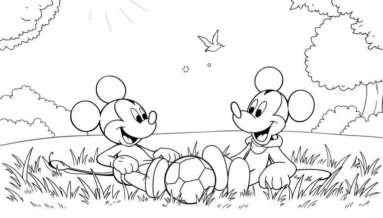 Dessin au trait d'un color panel avec Mickey Mouse et Pluto jouant dans un parc.
