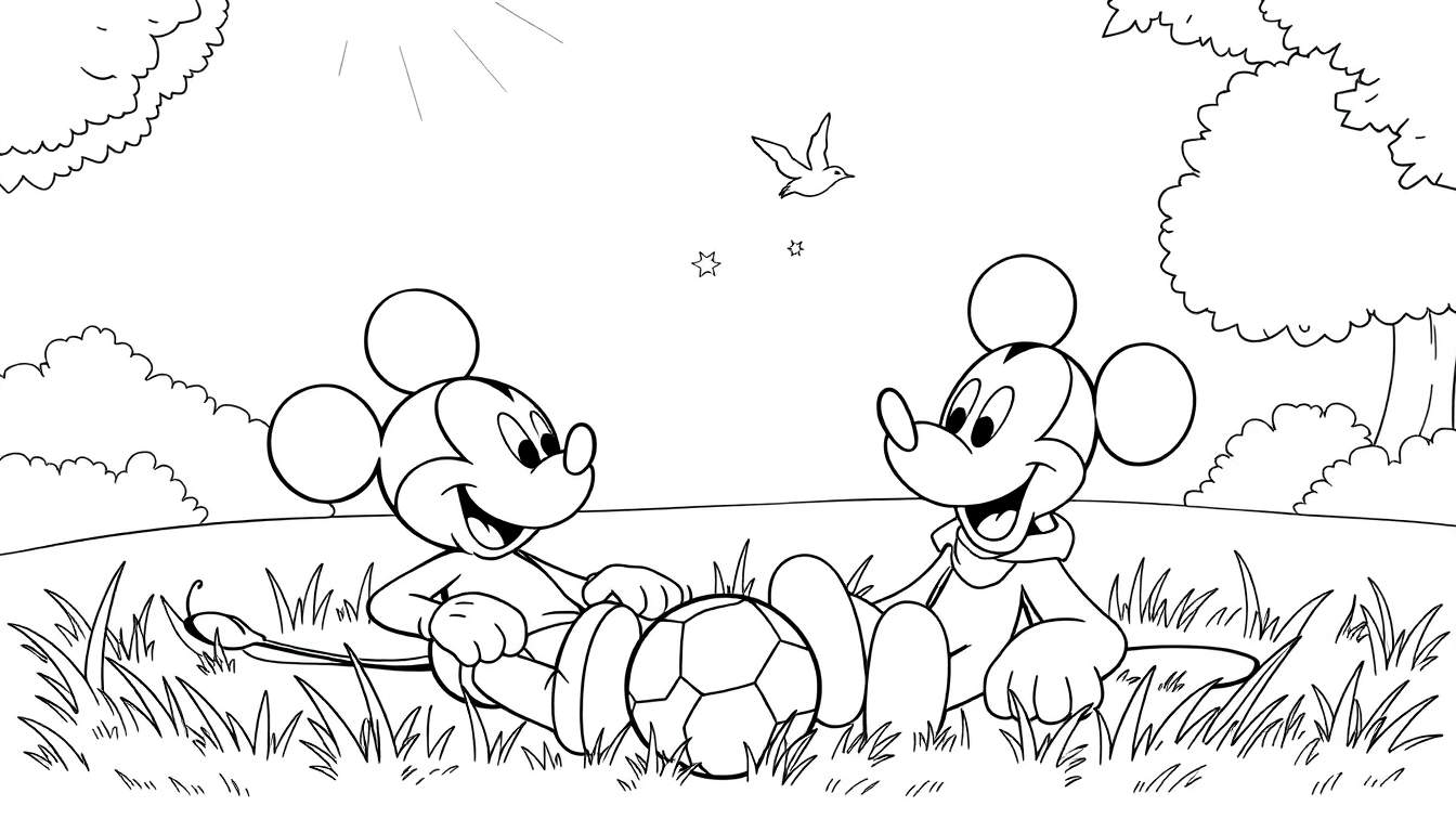 Dessin au trait d'un color panel avec Mickey Mouse et Pluto jouant dans un parc.