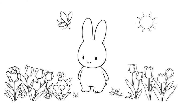 Un lapin de dessin animé joyeux avec des fleurs et un soleil, prêt pour un color panel.