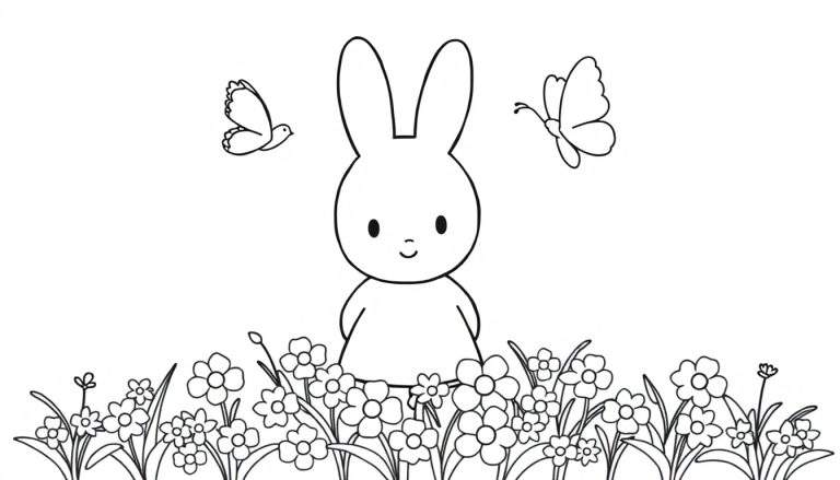Color panel: Un lapin joyeux dessiné dans un style simple, se tenant dans un champ de fleurs avec un oiseau et un papillon.