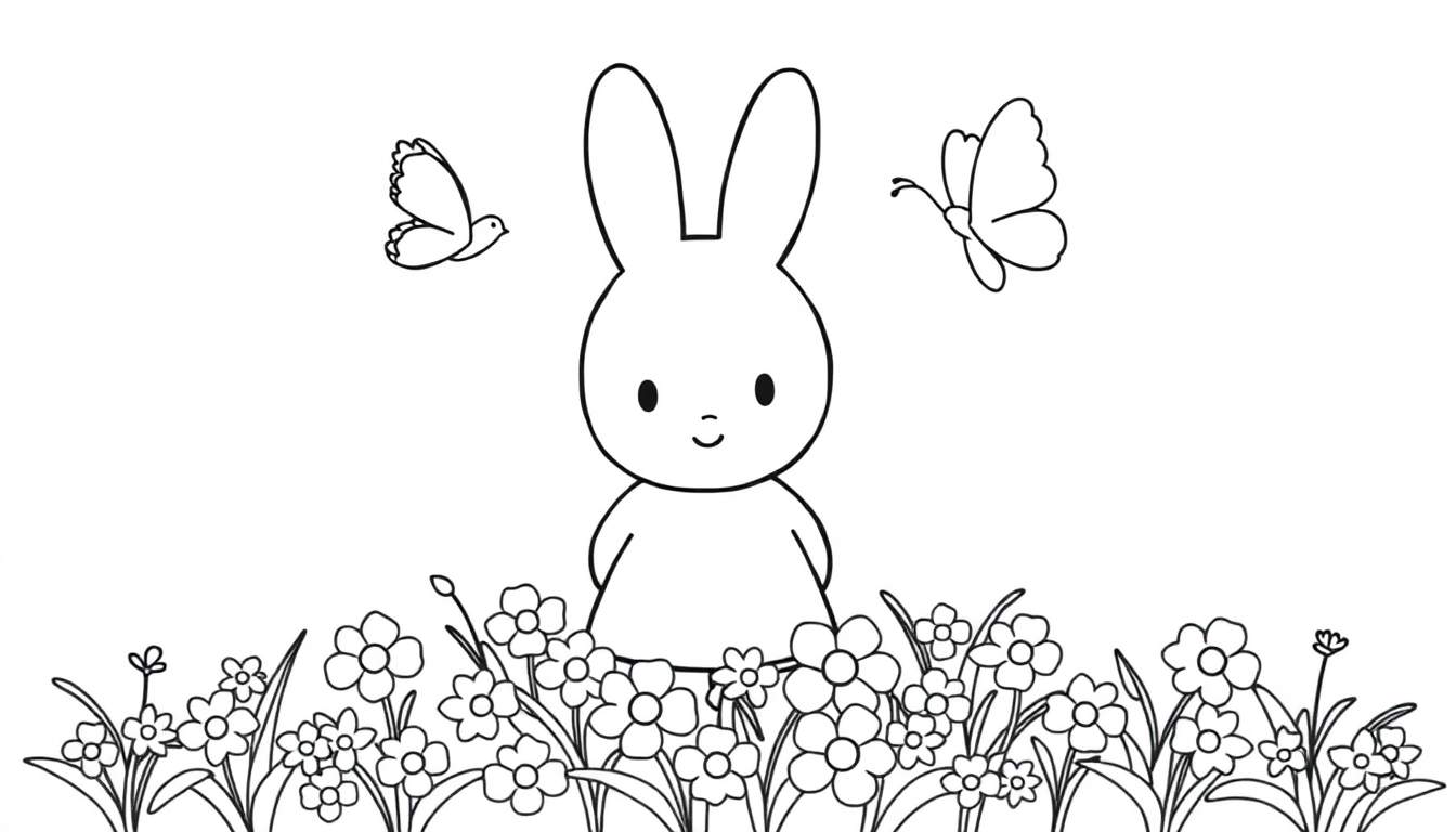 Color panel: Un lapin joyeux dessiné dans un style simple, se tenant dans un champ de fleurs avec un oiseau et un papillon.