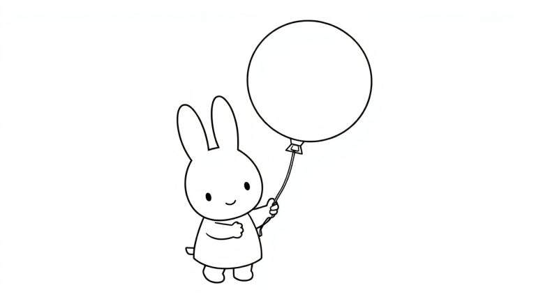 Dessin au trait d'un mignon petit lapin blanc tenant un ballon rond attaché par un ruban. Le lapin porte une robe courte et a de longues oreilles dressées. Il sourit joyeusement.