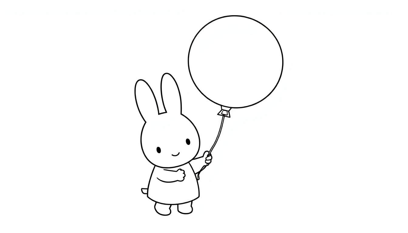 Dessin au trait d'un mignon petit lapin blanc tenant un ballon rond attaché par un ruban. Le lapin porte une robe courte et a de longues oreilles dressées. Il sourit joyeusement.