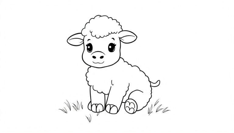 Un adorable agneau de dessin animé en noir et blanc, assis sur de l'herbe, prêt à être coloré. Ce mignon mouton a de grands yeux expressifs et de la laine bouclée, parfait pour un color panel.