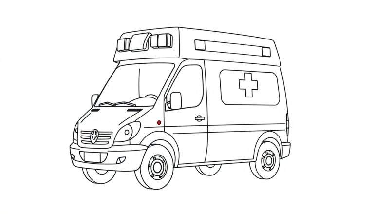 Dessin au trait d'une ambulance de style dessin animé avec un point rouge à l'avant, prête pour le coloriage.