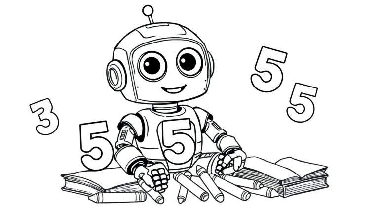 Un robot joyeux avec le chiffre 5 sur sa poitrine, assis derrière des livres et des crayons. Des chiffres flottants entourent le robot, suggérant un apprentissage des nombres dans un décor de color panel.