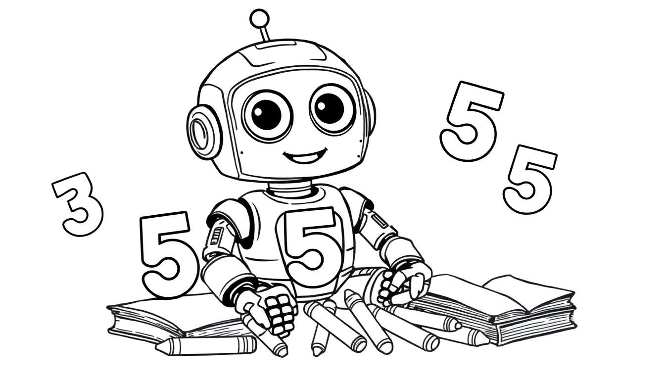 Un robot joyeux avec le chiffre 5 sur sa poitrine, assis derrière des livres et des crayons. Des chiffres flottants entourent le robot, suggérant un apprentissage des nombres dans un décor de color panel.
